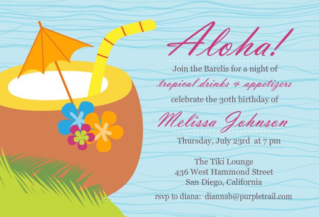 Coconut Luau Birthday Party Invitation Wording