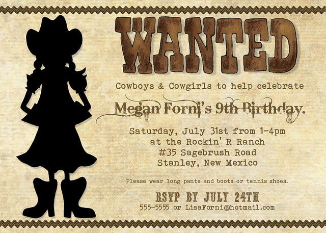 Oldwest Cowgirl Birthday Invitations