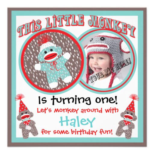 Baby sock monkey birthday invitations