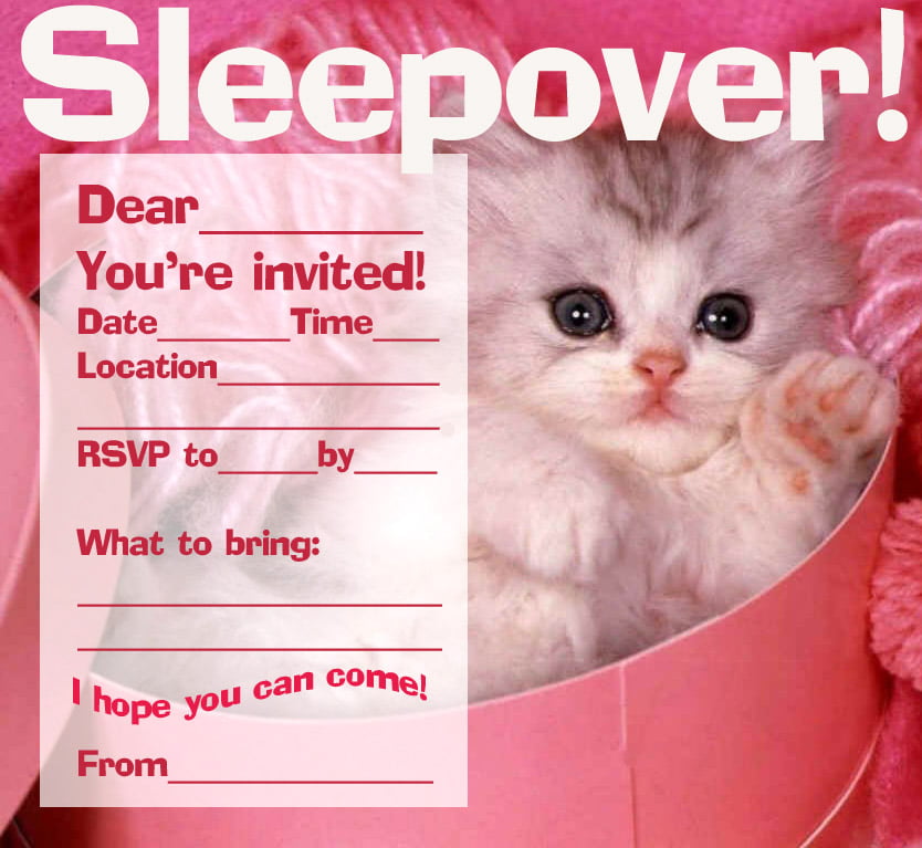 Cat Sleepover Printable Birthday Party Invitations