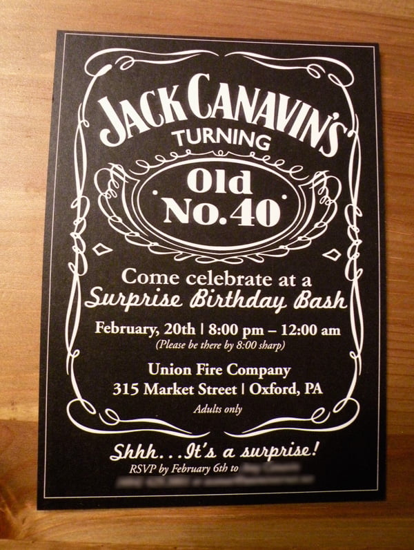 Jack Daniel 40th birthday invitations for man