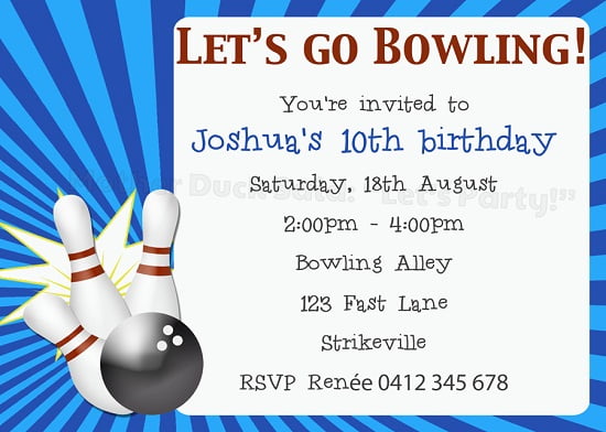 Ten pin bowling birthday party invitations