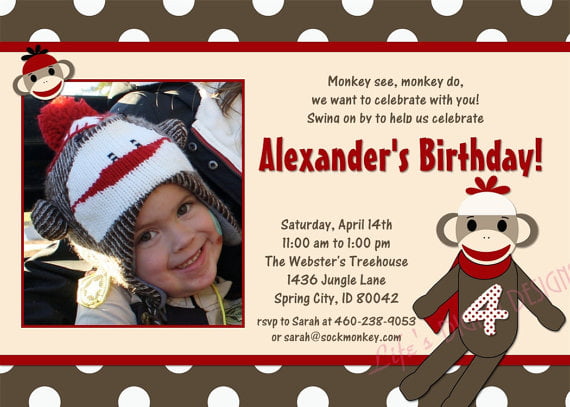 sock monkey birthday invitations wording