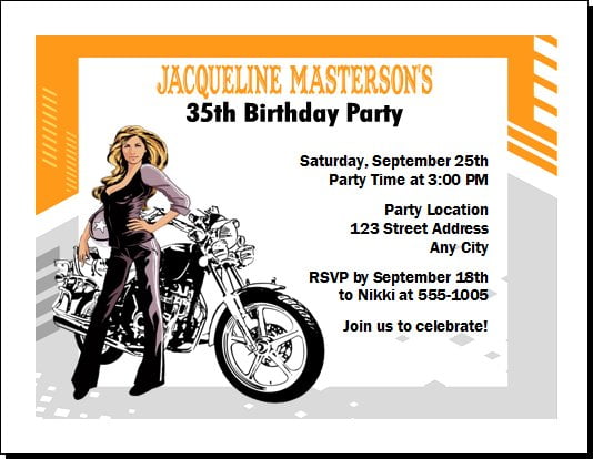Biker chick motorcycle birthday invitations