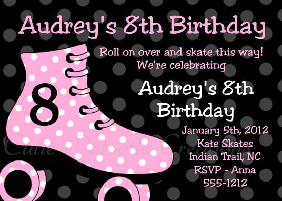 Black polka roller skating birthday invitations