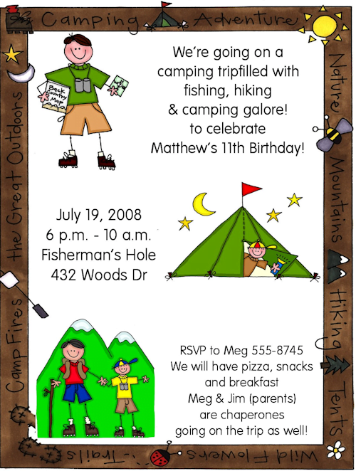 Hiking camping birthday party invitations