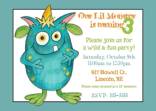 Little monster 3rd birthday party invitations