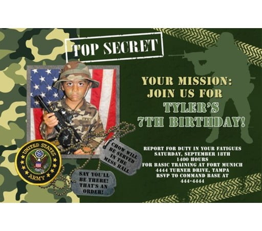 Military army birthday invitations