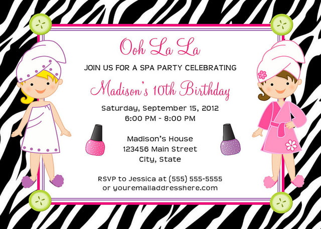 Modern zebra spa birthday party invitations