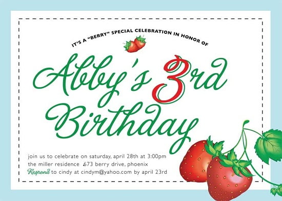 Opened enveloped strawberry birthday invitations