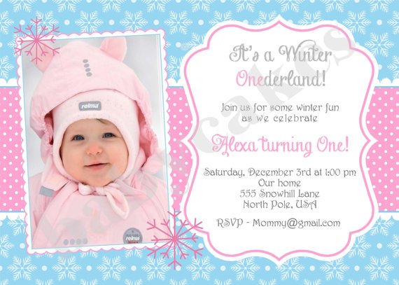 Pink and blue winter birthday invitations