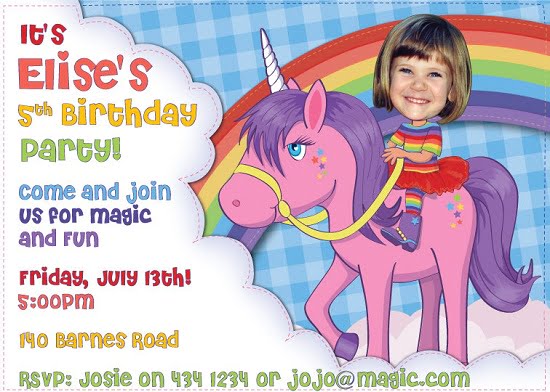 Rainbow unicorn birthday invitations