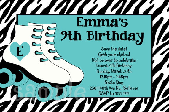 Zebra roller skating birthday invitations