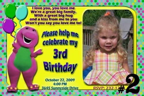 barney custom photo birthday invitations