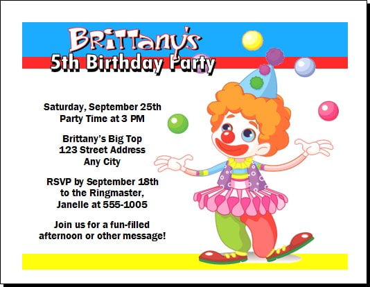 clown 5th birthday invitations ideas