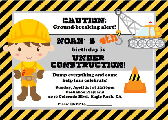 construction 4th birthday party invitations