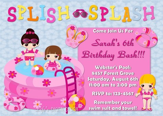 free printable pink pool party birthday invitations