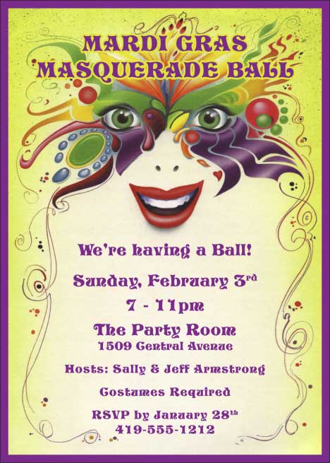 mardi gras masquerade birthday invitations