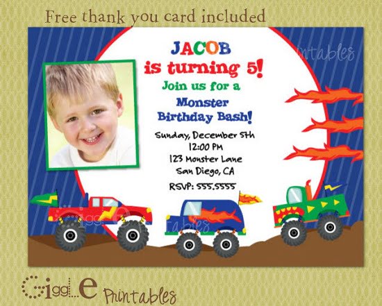 monster truck photo birthday invitations