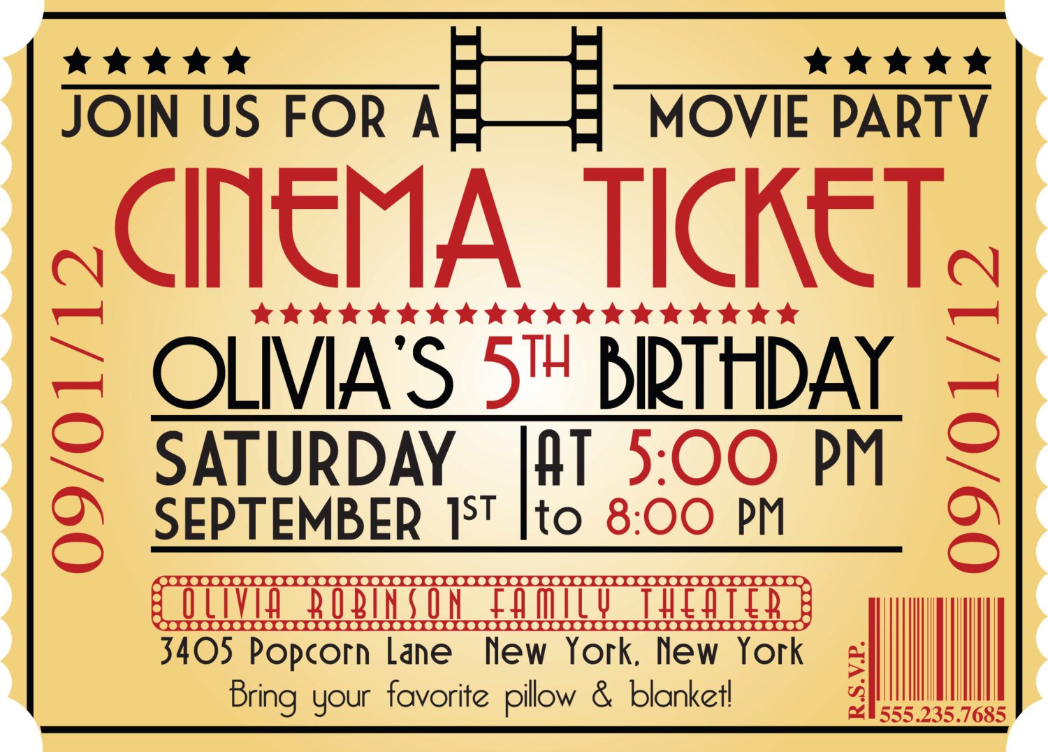 movie night ticket birthday invitations