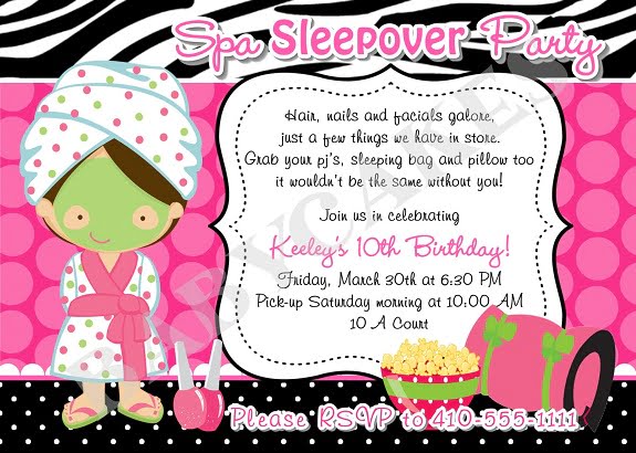 spa sleepover birthday party invitations girl
