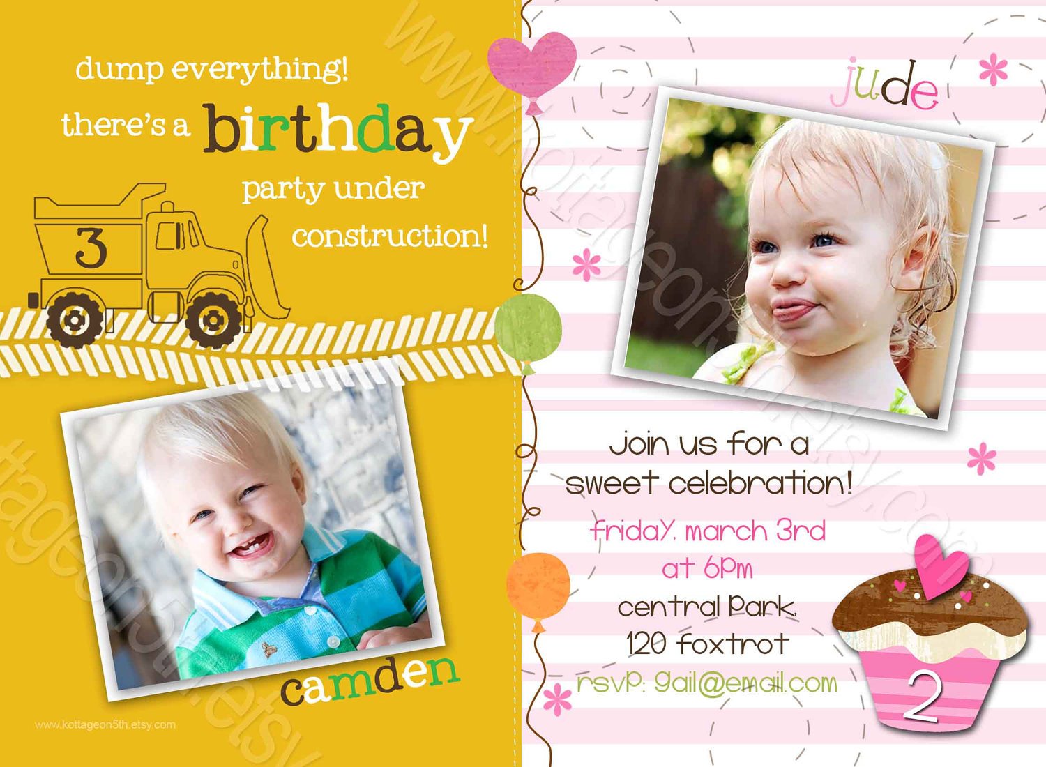 Construction and Cake Joint Birthday Party Invitations