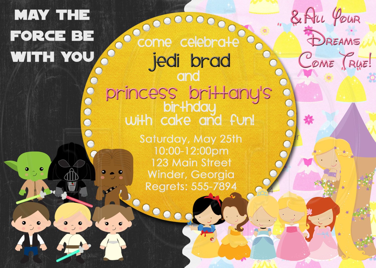 Star Wars and Princess Joint Birthday Party Invitations