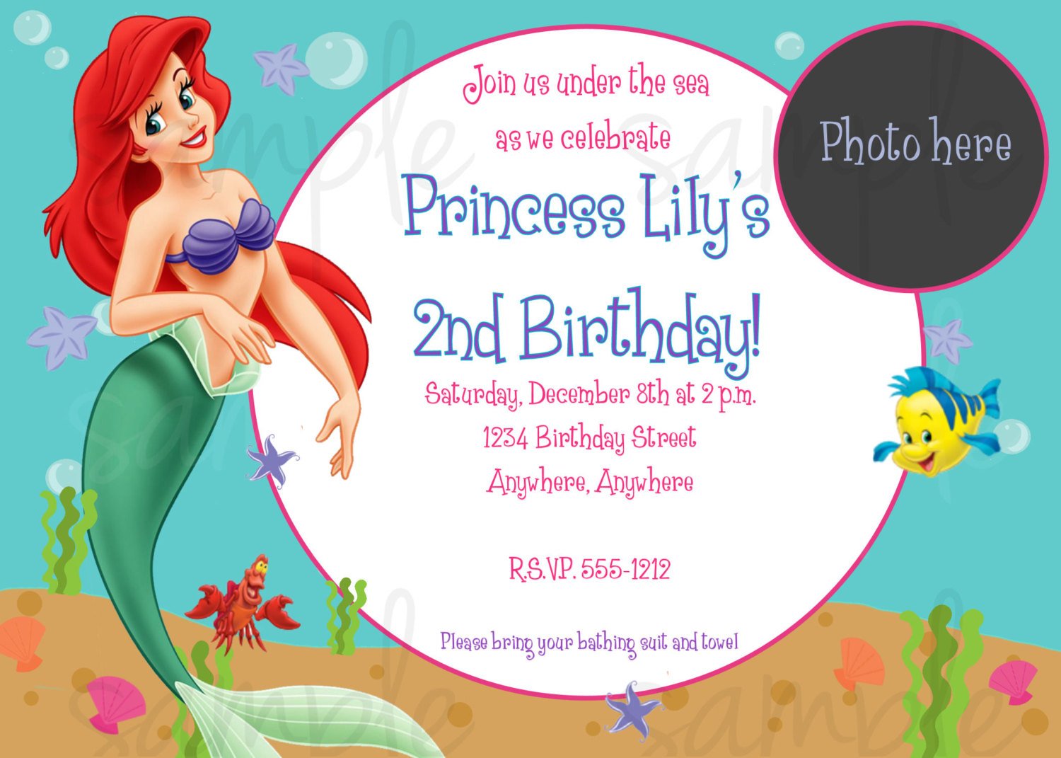 Ariel Little Mermaid Birthday Invitation Templates