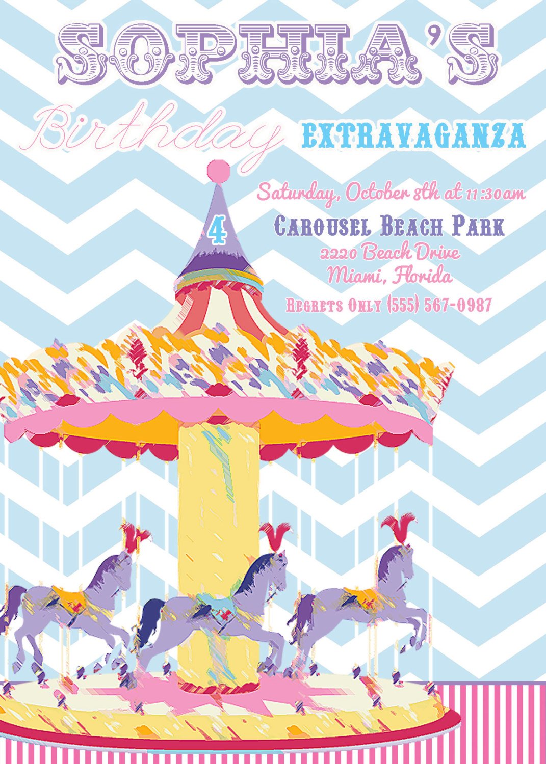 Full color Carousel Birthday Invitations