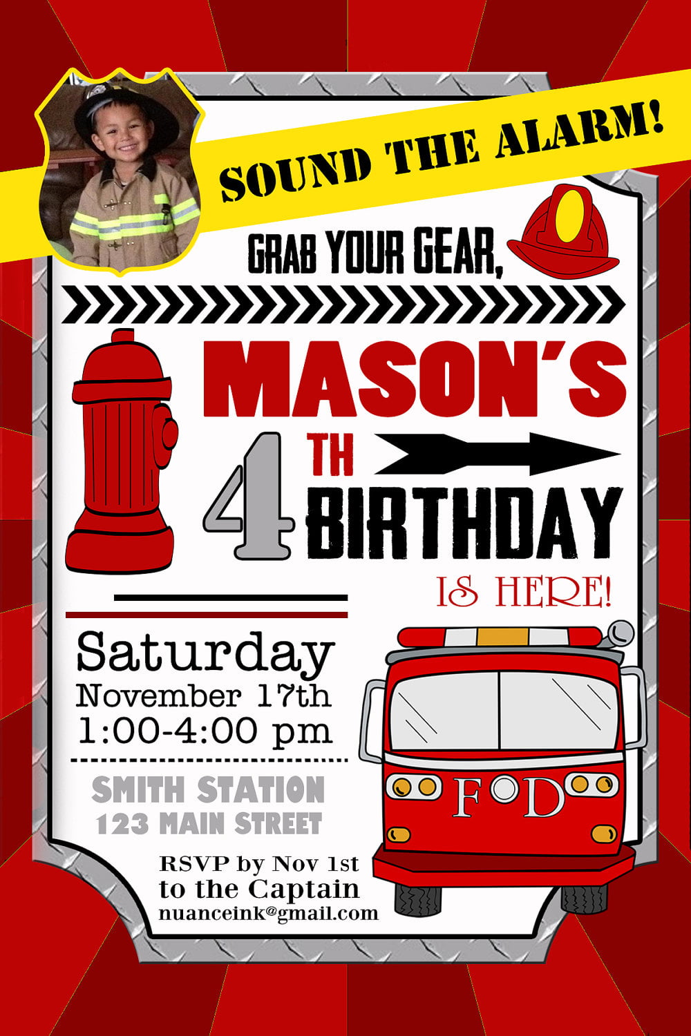4th Firefighter Birthday Invitation