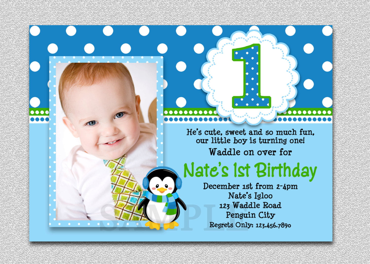 Polka Dot Blue Baby First Birthday Invitations
