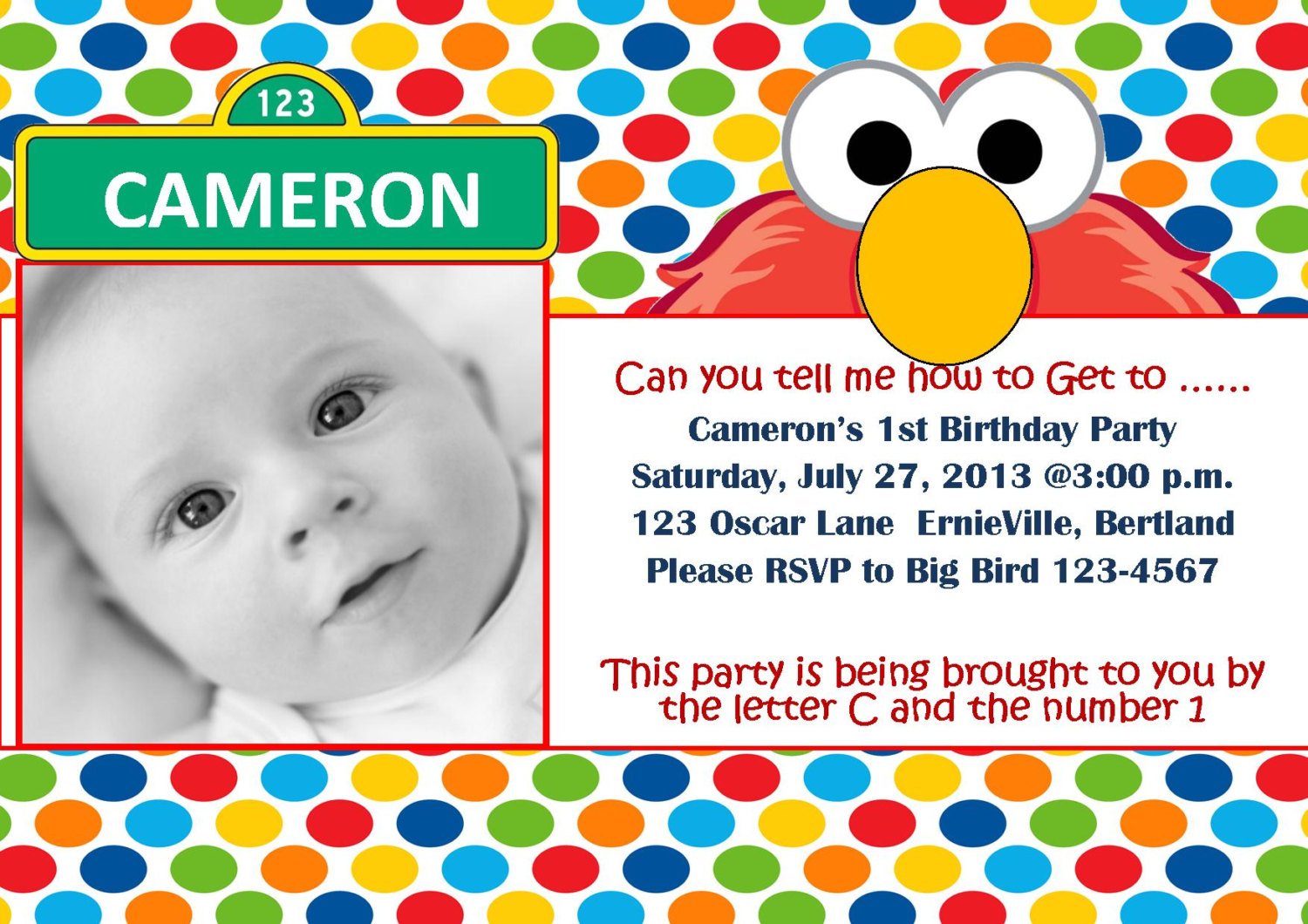 Polka Dot Elmo 1st birthday invitations