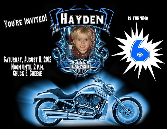 Blue motorcycle birthday invitations