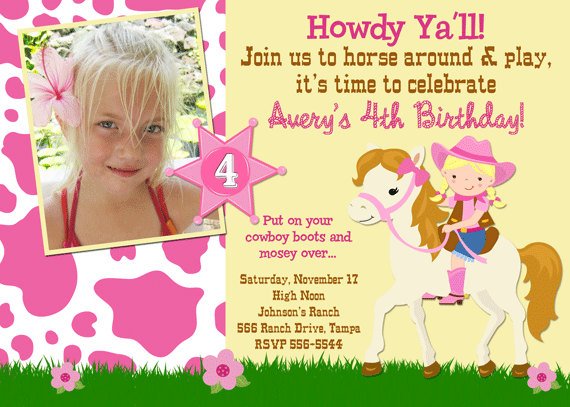 Cowgirl in horse birthday invitations