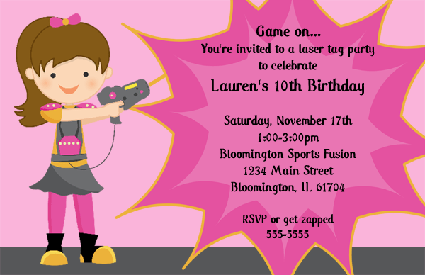 Girl laser tag birthday invitations