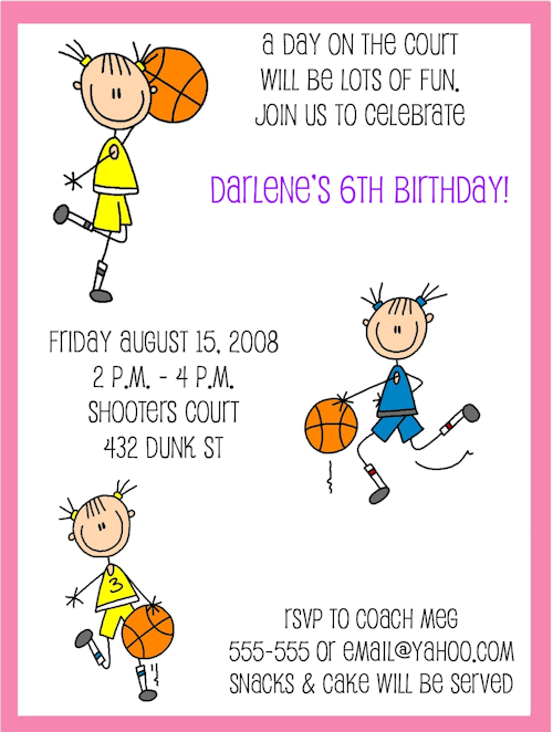 Girls basketball player birthday invitations