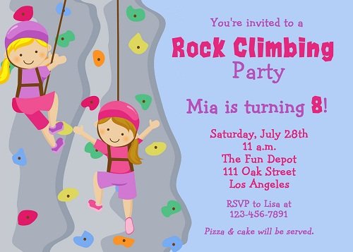 Girls rock climbing birthday invitations ideas