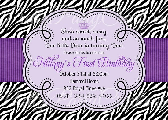 Zebra purple birthday invitations
