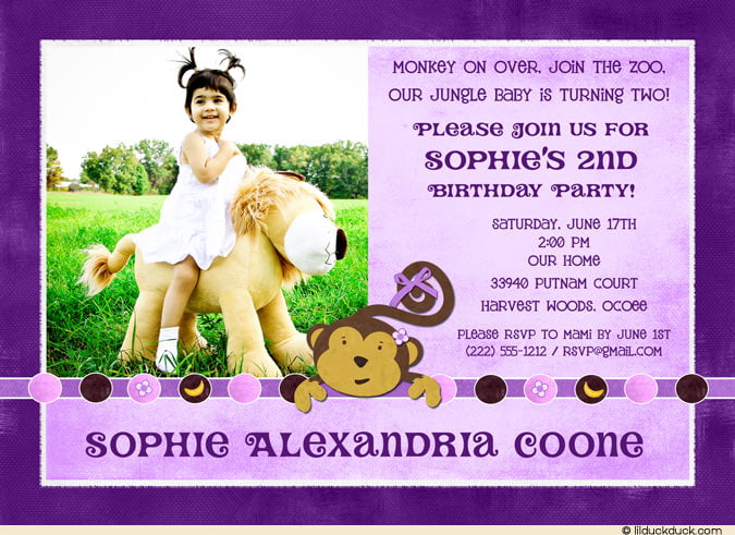 Zoo girl purple 2nd birthday invitation wording