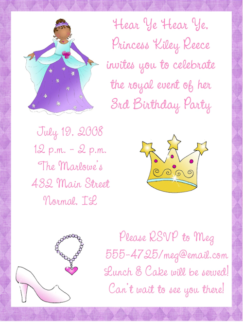african american pretty purple princess birthday invitations