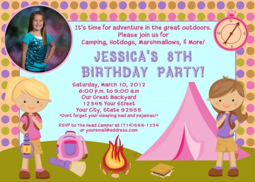 camping girls photo birthday party invitations