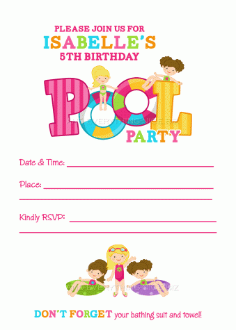 free printable girl pool party birthday invitations