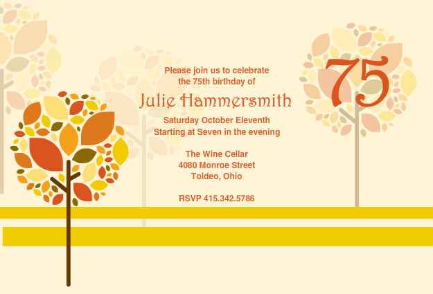 Autumn tree 75th birthday invitations ideas