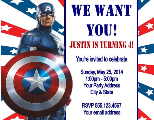 Captain America Birthday Party Invitation Ideas for boy