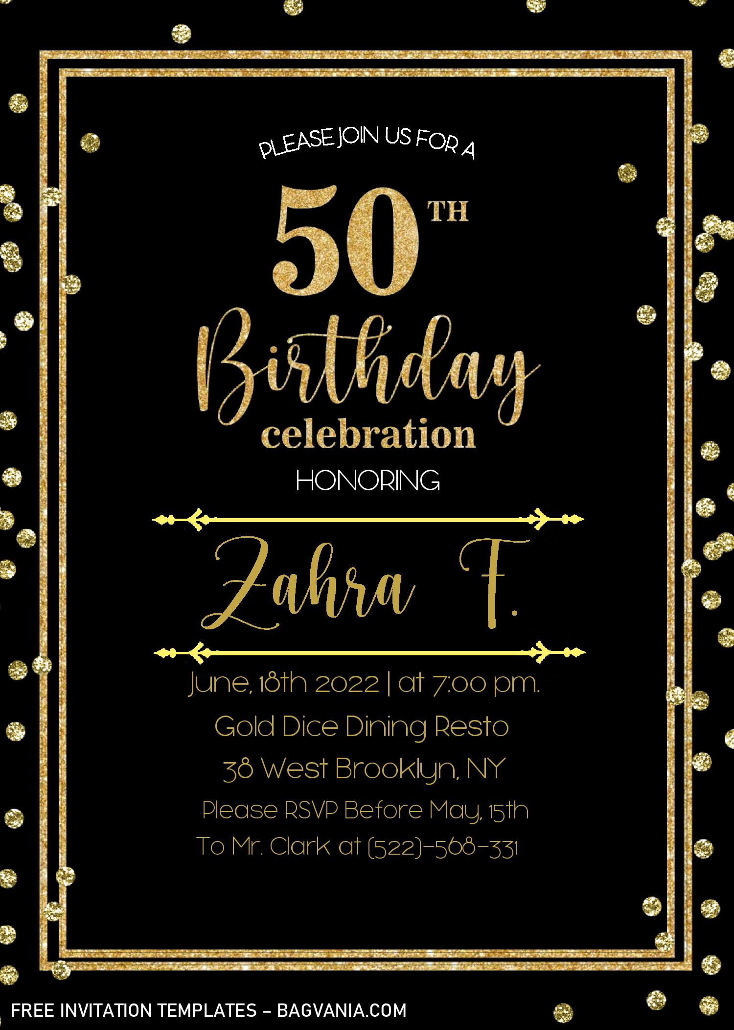 Black And Gold 50th Birthday Invitation Templates Editable With MS Word FREE Printable 
