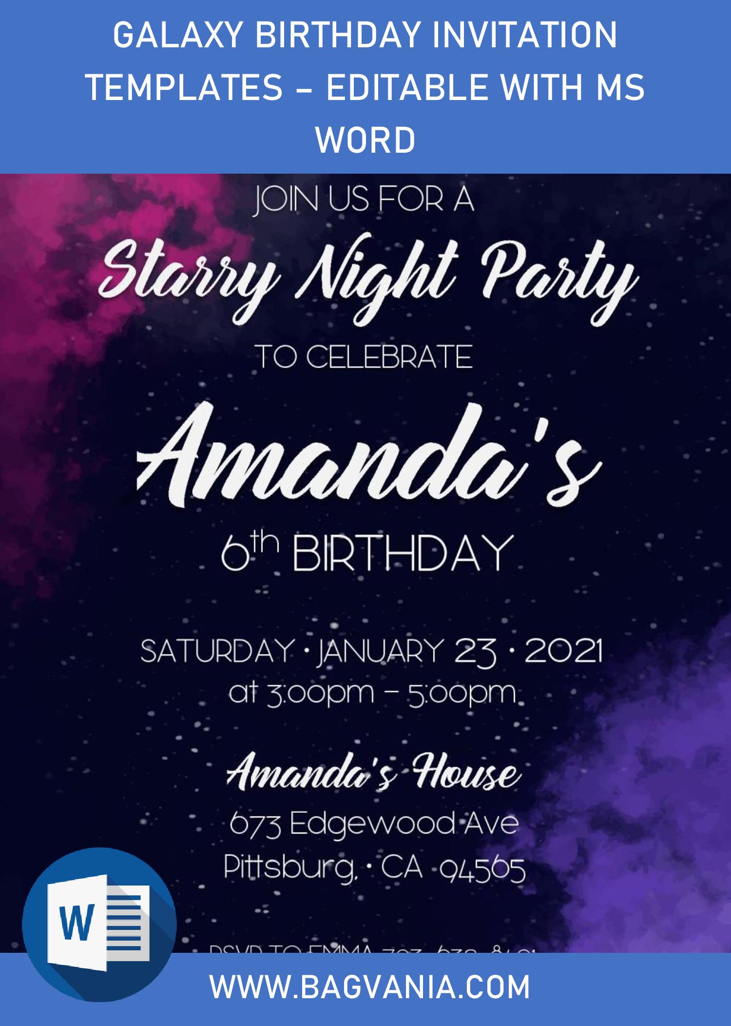 Galaxy Birthday Invitation Templates – Editable With MS Word Intended For Birthday Card Template Microsoft Word