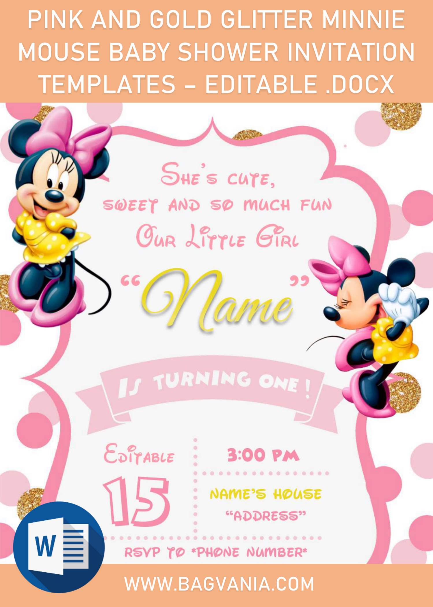 Pink And Gold Minnie Mouse Birthday Invitation Templates Editable Docx Free Printable Birthday Invitation Templates Bagvania