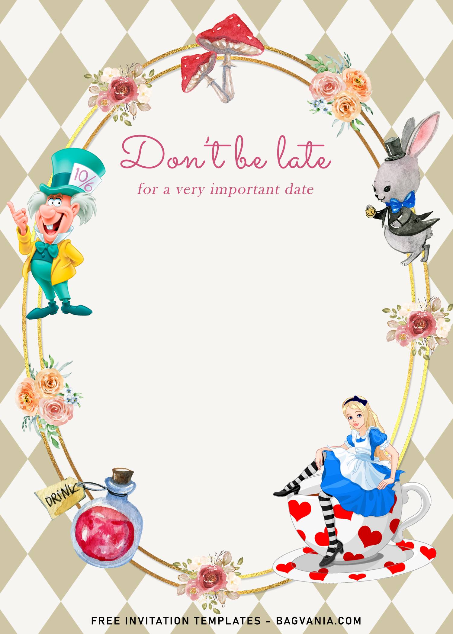 8 Vintage Alice In Wonderland Birthday Invitation Templates FREE Printable Birthday